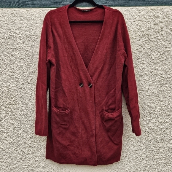 J. Crew dark red burgundy collarless long line sweater blazer see measurements - Picture 1 of 5